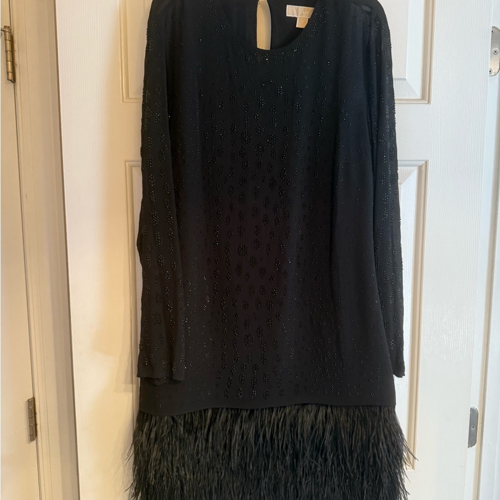 Michael Kors Black Long Sleeve Dress with Feathered Hem